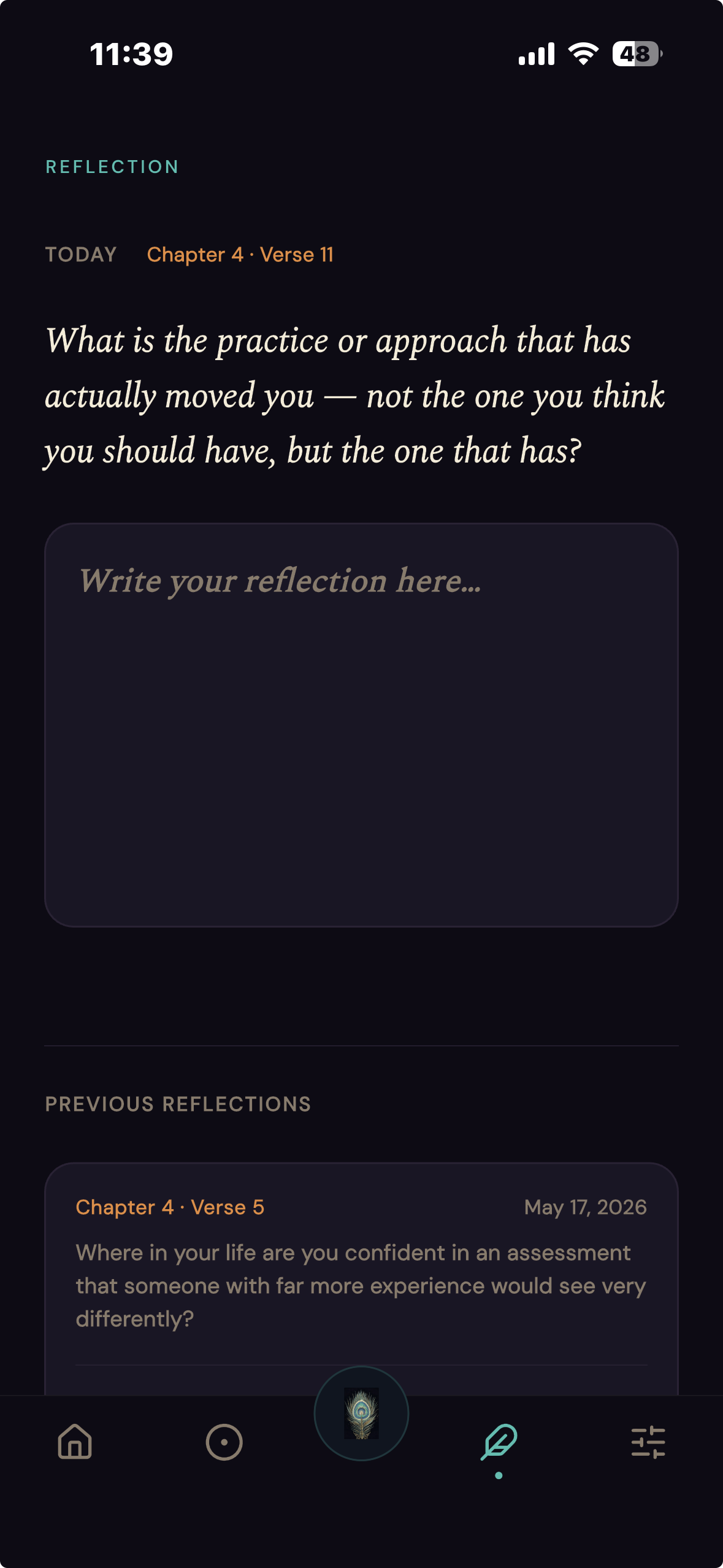 Reflection journal — single open text field, no prompts. A: Lowest possible friction for the habit-forming action.